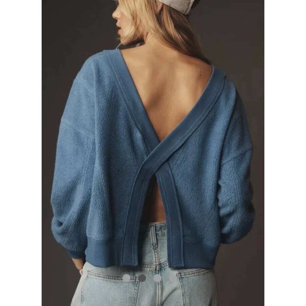 Daily Practice Anthropologie Blue Open‎ cross Back Fleece Sweatshirt Small NWT - Picture 2 of 8